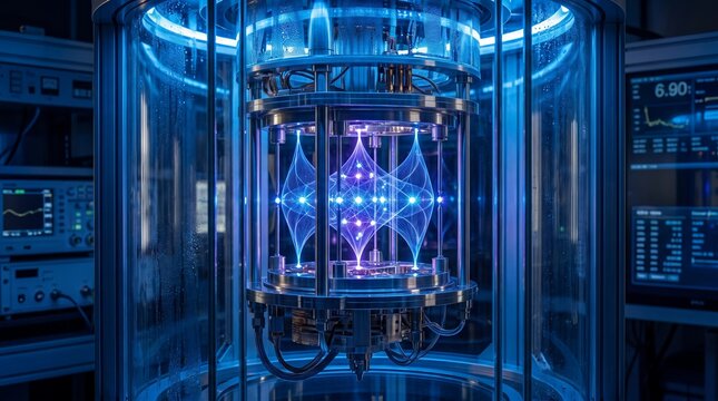 Advanced quantum computer processor core featuring glowing blue light nodes and complex metallic structures captured in a high resolution shot