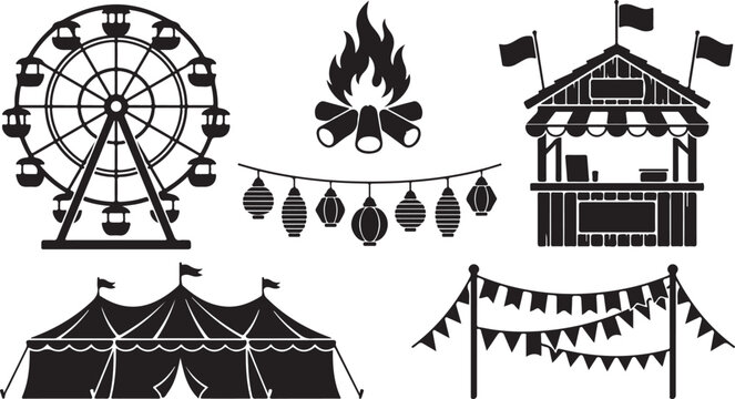 Black silhouette carnival and fair icons set