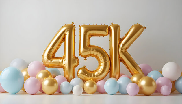 Golden 45k number balloons with pastel balloons on white background for celebration and event decoration.