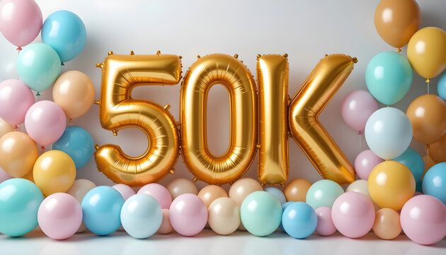 Golden 50k number balloons with pastel balloons on white background for celebration and event decoration.
