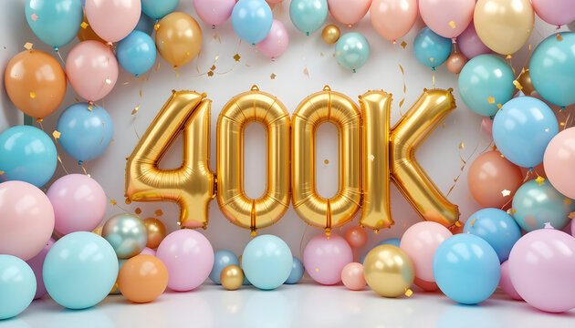 Large golden 400k balloons surrounded by an assortment of pastel colored balloons and falling confetti.
