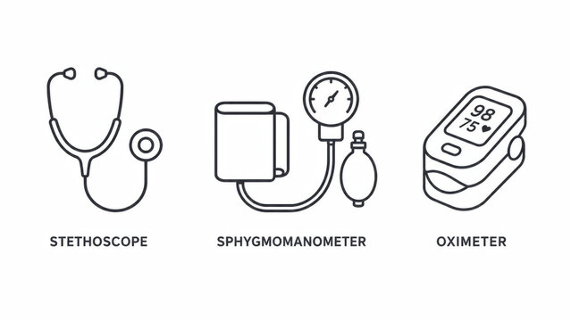 Stethoscope sphygmomanometer oximeter pulse icon medical device line health measurement on white background, clinical equipment outline for blood pressure, oxygen, heartbeat care