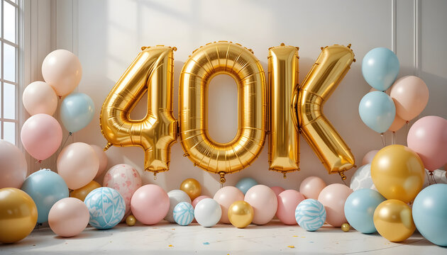 Shining gold 40k balloons displayed amidst a beautiful array of pastel balloons and scattered confetti.