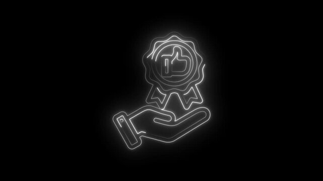 Glowing neon hand holding award ribbon with thumbs up icon symbolizing success achievement