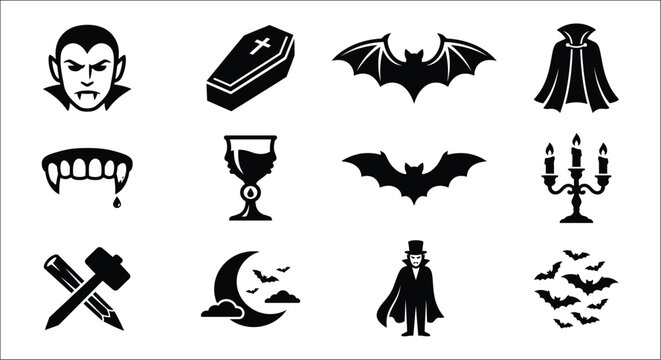Halloween Silhouette Icons A Collection Of Spooky Imagery Including Vampires Bats And Coffin Shapes horror vampire fangs bat casket tombstone
