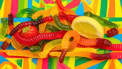 Obraz premium Assorted Fruit Flavored Gummy Worms in a Playful Heap