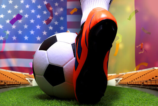 Close up legs and feet of soccer player or football player walk on green grass ready to play match on national America and national Belgium.