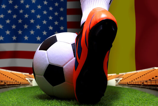 Close up legs and feet of soccer player or football player walk on green grass ready to play match on national America and national Belgium.