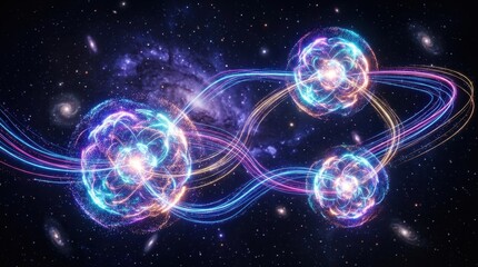 Fototapeta premium Cosmic Energy Orbs Interconnected by Light Trails in Deep Space Galaxy Background
