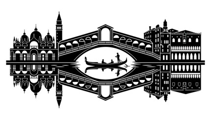 Venice Silhouette Skyline with Gondola and Rialto Bridge Reflection © Biru