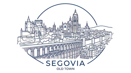 Fototapeta premium Segovia Old Town Skyline with Aqueduct Line Drawing