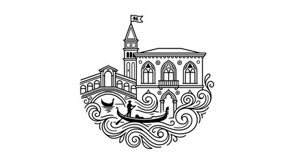 Venice Landmark Illustration: Gondola, Bridge, Palace, and Canal Swirls © Biru
