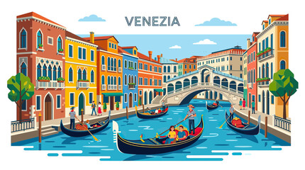 Venice Canal Scene with Gondolas and Rialto Bridge, Colorful Buildings, Italy © Biru
