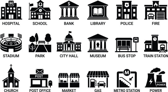 City infrastructure and public buildings black glyph icon set featuring hospital school bank and municipal services