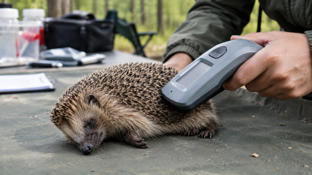 Wildlife biologist hand microchip scanner hedgehog field examination mat sedated animal flank scan during outdoor research station monitoring with blurred forest background