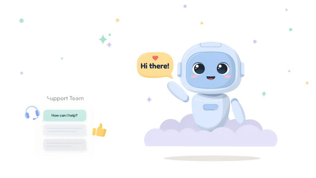 Cute blue robot character waving hello with a speech bubble on a fluffy cloud with digital interface and confetti elements Vector