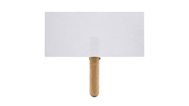 A blank rectangular white sign attached to a light brown wooden handle, presented on a white background, for custom text, or placement