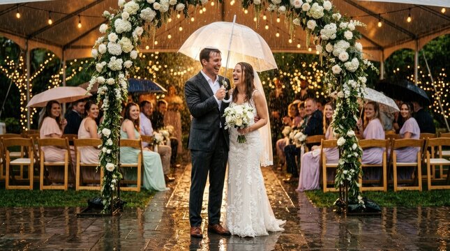 A bride and groom laugh beneath a clear umbrella as heavy rain streaks across a white-flower ceremony arch, wet stone paving reflects their clothing, and guests in pastel outfits smile beside folding