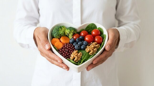 Doctor holding heart-healthy diet products in bowl close-up for Adobe Stock title. with diet