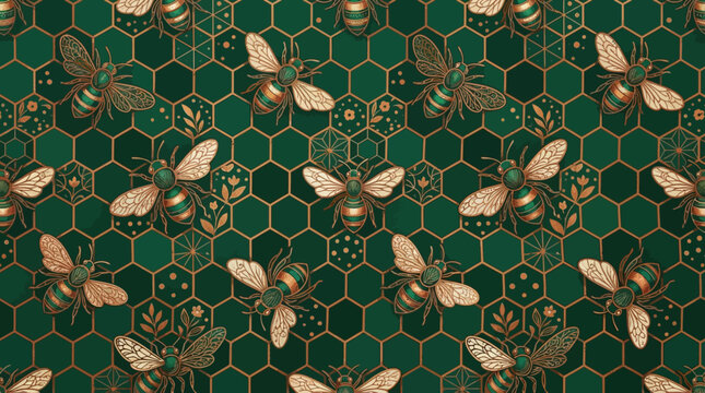 Green honeycomb pattern with golden bees and flowers