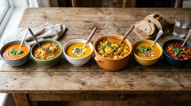 Enamel Mugs with an Array of Homemade Soups for a Healthy Food Assorted