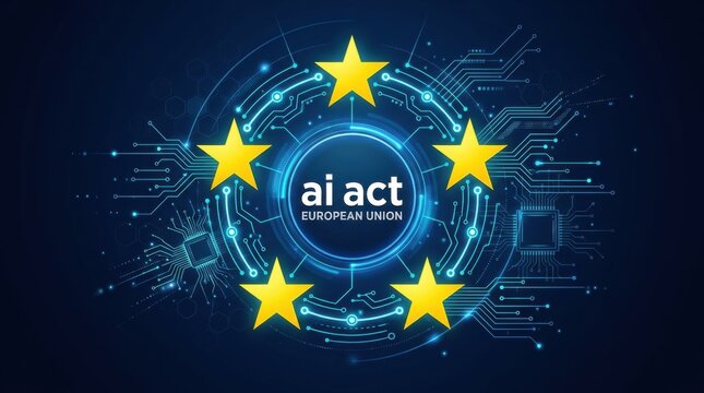 European Union AI Act hologram concept with digital circuit background and EU glowing