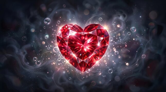 Exploding red crystal heart with sparkling fragments and golden bokeh lights on Shattered