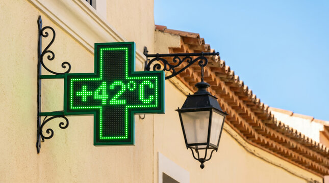Heatwave risk climate street pharmacy sign show extreme summer temperature 42 degree digital display. Warming hazard emergency. climate change warning, temperature drought, weather hot summer