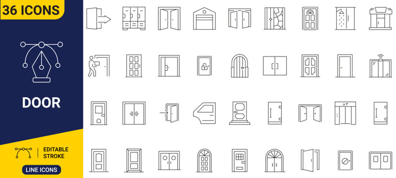 Door icon set. Outline icons featuring entrance, exit, doorway, access, security, opening, and interior design. Editable stroke. Full vector.