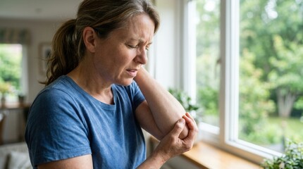 Fototapeta premium Mature woman experiencing wrist pain in her home: Health and wellness concept having at home
