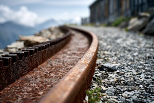 Rusty cog railway track in mountainous terrain close-up