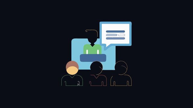 Online conference illustration with attendees on dark background flat