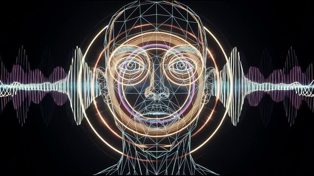 Digital human face with sound waves.