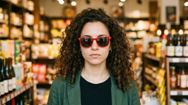 Portrait of a young woman with curly hair in bright red sunglasses wearing