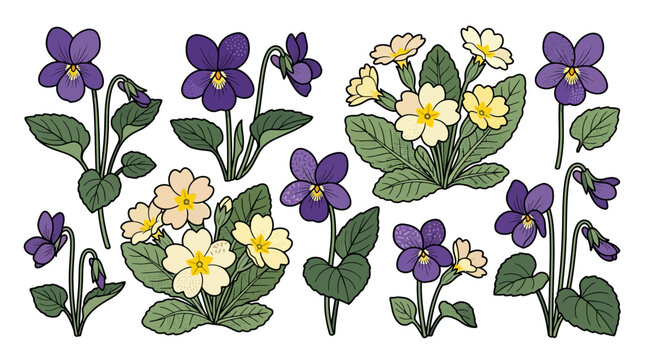 Vintage Violet and Primrose Botanical Illustration Set on White Background
