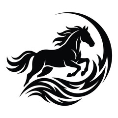 Black silhouette of a running horse with flowing mane and tail in a crescent shape icon © Shathi
