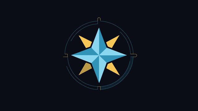 Compass rose icon on black background, blue and gold