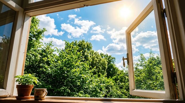 Sunlight Streams Through Open Window Frames, Bright Sky, Green Trees - Eco frames sunny sky with sun