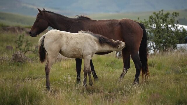 A light cream foal nurses from a brown mare in a quiet upland plain. The mare stands center-right facing the horizon while the foal is left-midframe with its