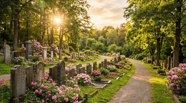 Swedish Cemetery with Beautifully Decorated Gravestones and Vibrant Flowers on a Well-Kept Well maintained in Sweden row