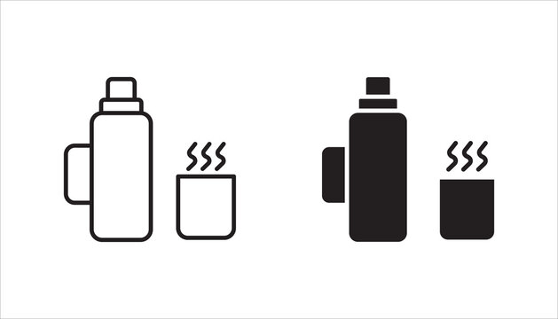 Thermos bottle with hot drink cup icon set, collection in outline and solid styles for beverage, coffee, tea, travel, camping, and kitchen design projects.