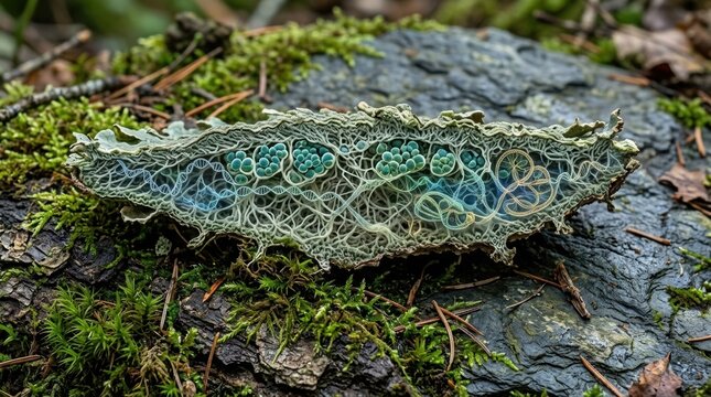 A cross-section of Peltigera lichen on mossy bark reveals fungal hyphae, algal cells, chromosome loops, and branching DNA strands over a forest rock surface. The composition blends symbiosis, genome