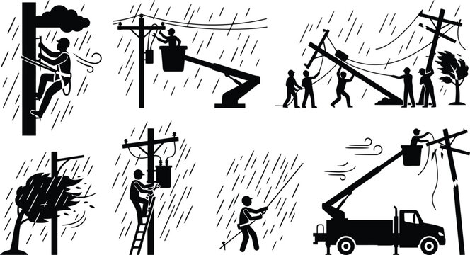 Electricians working on power lines in rain