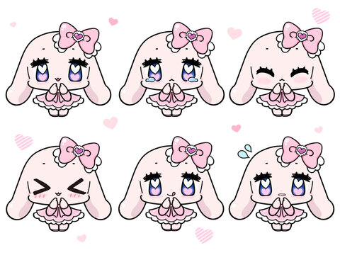 Cute Sweet Lolita Bunny Emoticons Set, 6 Kawaii Doll Style Rabbit Expressions (Pastel Pink, Chibi Anime Mascot, Vector Illustration)
