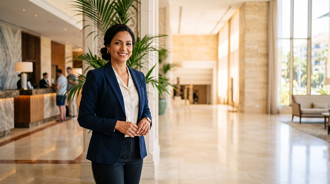 Confident hotel manager smiling in luxury lobby