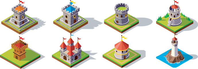  Medieval tower and lighthouse collection, detailed vector illustration set isolated on white for fantasy maps, castle scenes, strategy games and architectural projects. © dalim 