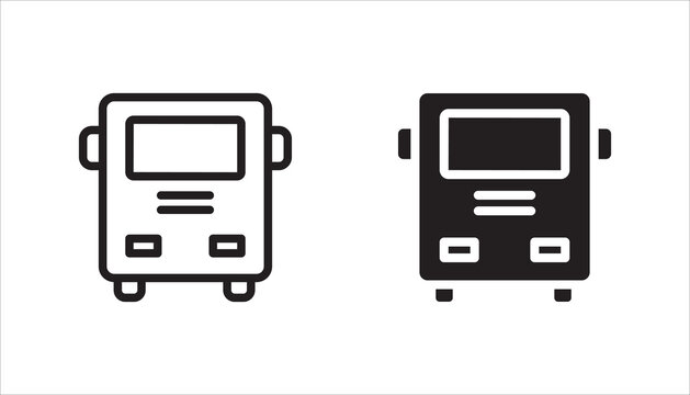 Minimal bus front icon set,  collection in outline and solid styles suitable for transportation, public transit, travel, navigation, city infrastructure, and mobile applications.