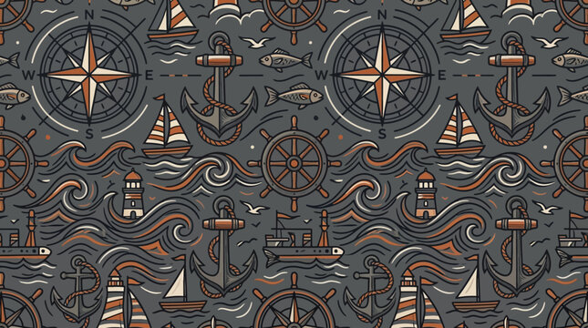 Nautical seamless pattern with anchors compasses and sailboats on gray