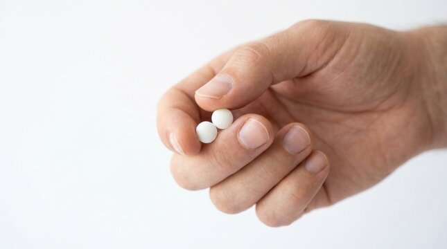 White pills held in hand on clean background, perfect for medical and holding two capsules or between