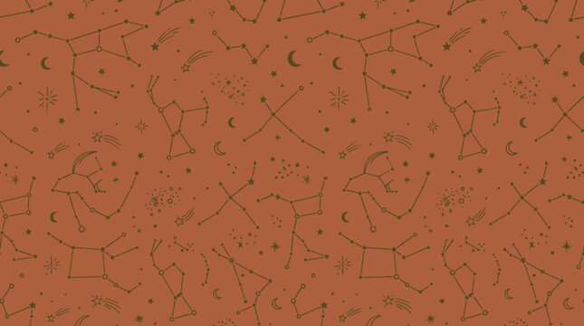 Seamless pattern of constellations on orange background
